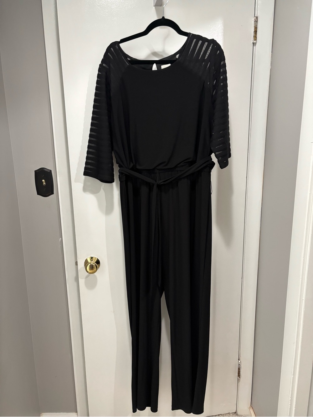 Chico's Black Jumpsuit with Sheer Striped Sleeves Size 3